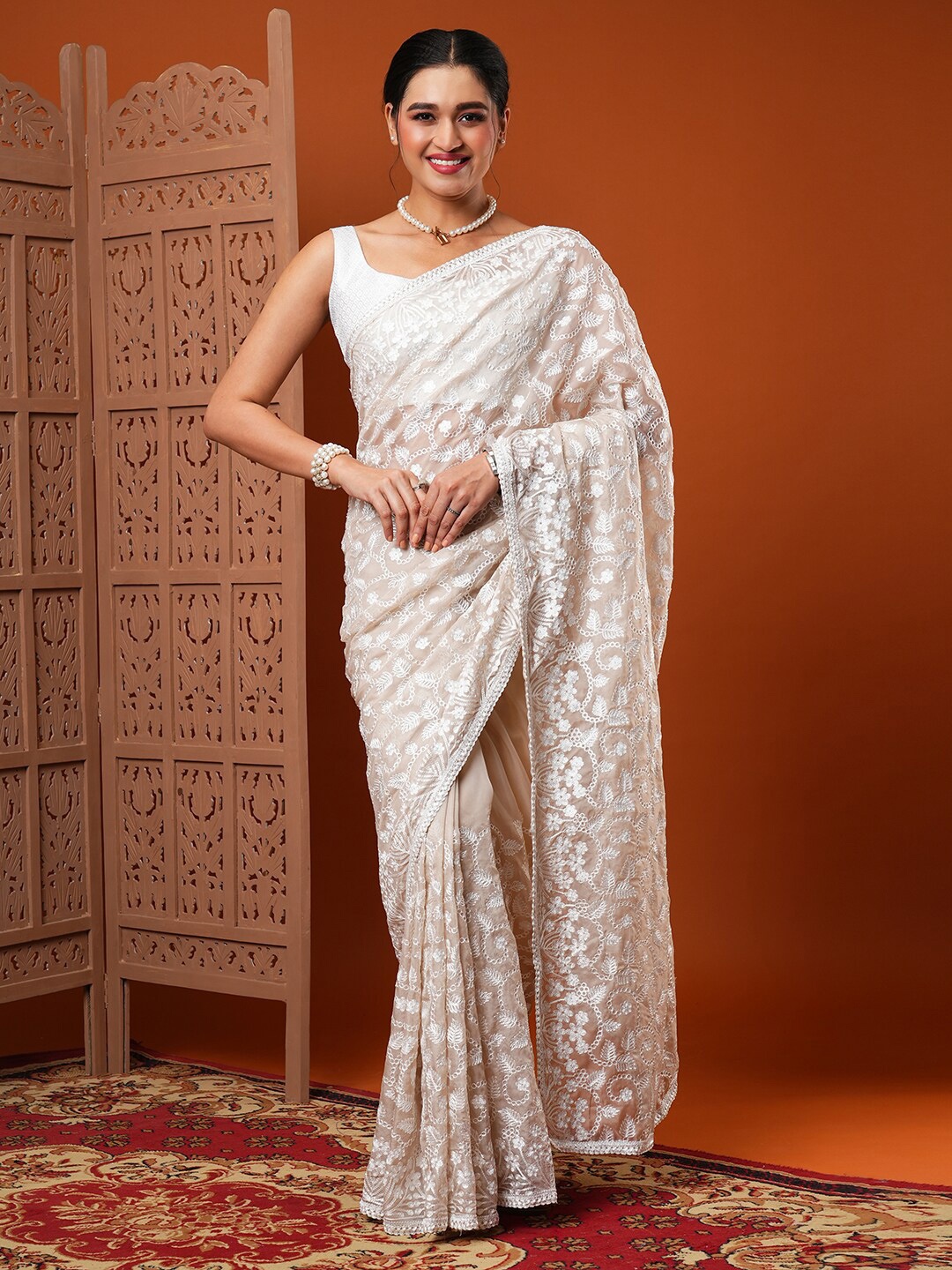 

Anouk White Ethnic Motifs Embroidered Organza Saree