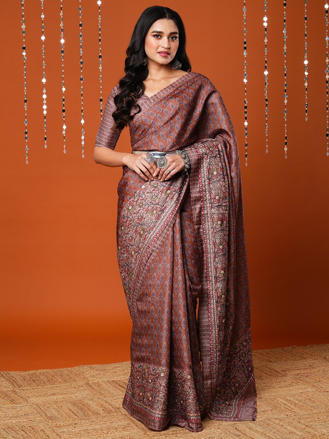 

Anouk Ethnic Motifs Printed Embroidered Saree, Brown