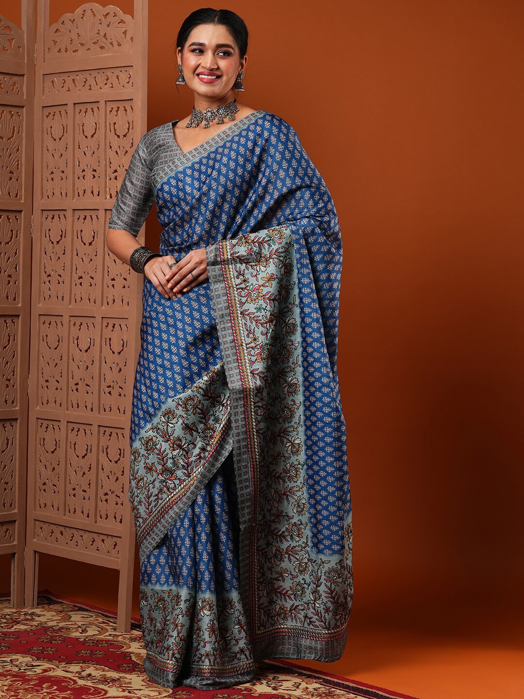 

Anouk Ethnic Motifs Printed Dola Silk Saree, Blue
