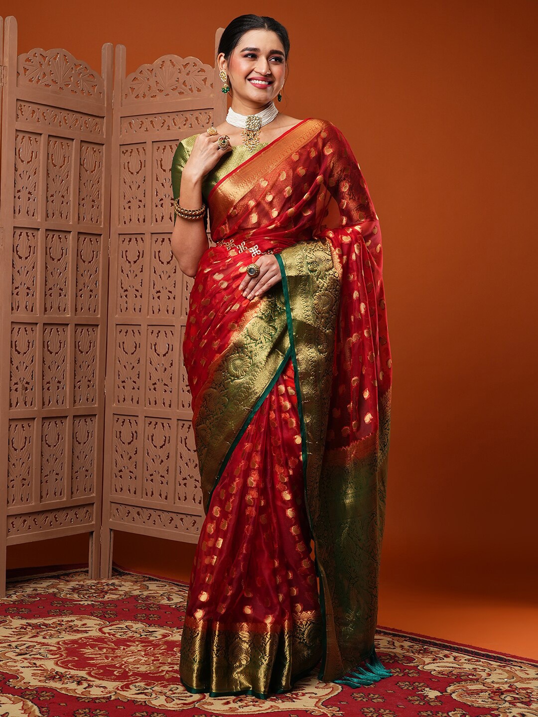 

Anouk Red & Gold-Toned Ethnic Motifs Woven Design Organza Banarasi Saree