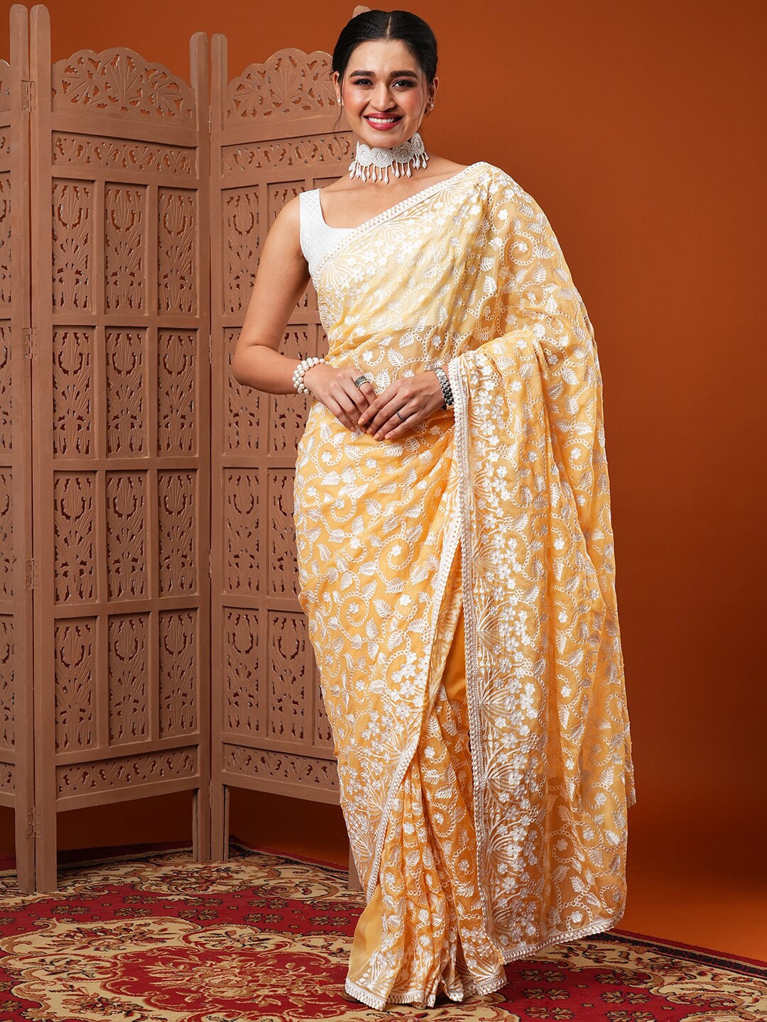 

Anouk Yellow Floral Embroidered Organza Saree