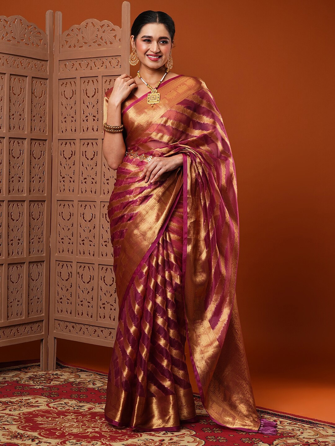 

Anouk Pink Ethnic Motif Woven Design Zari Organza Banarasi Saree