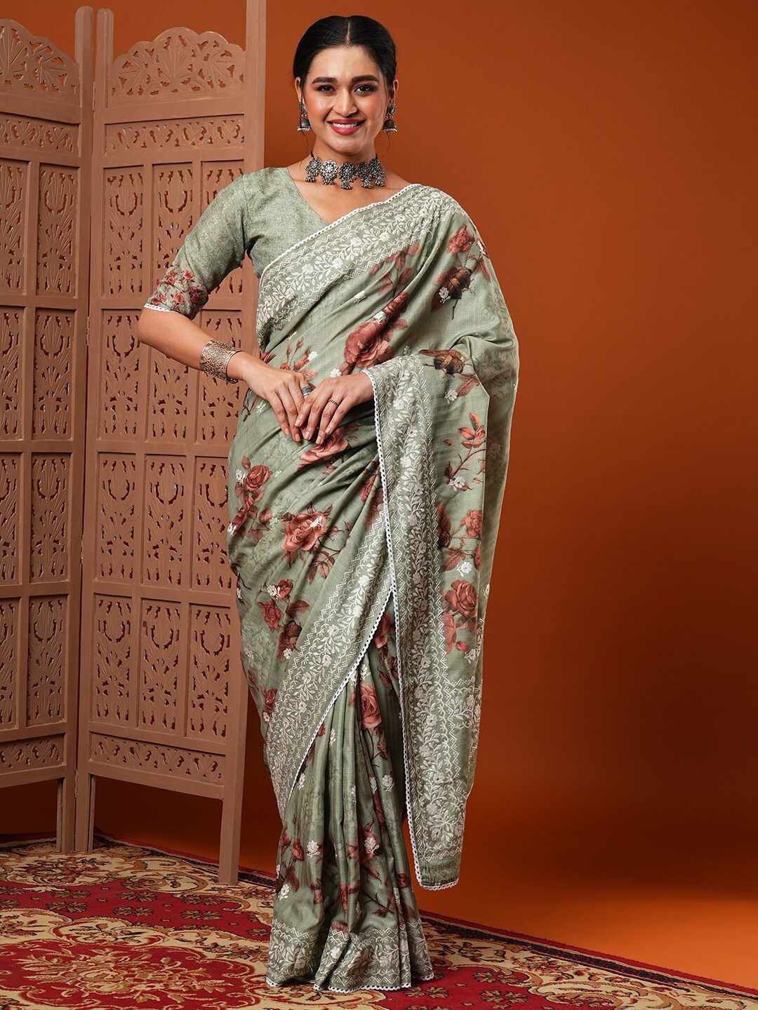 

Anouk Sea Green Floral Printed Embroidered Saree