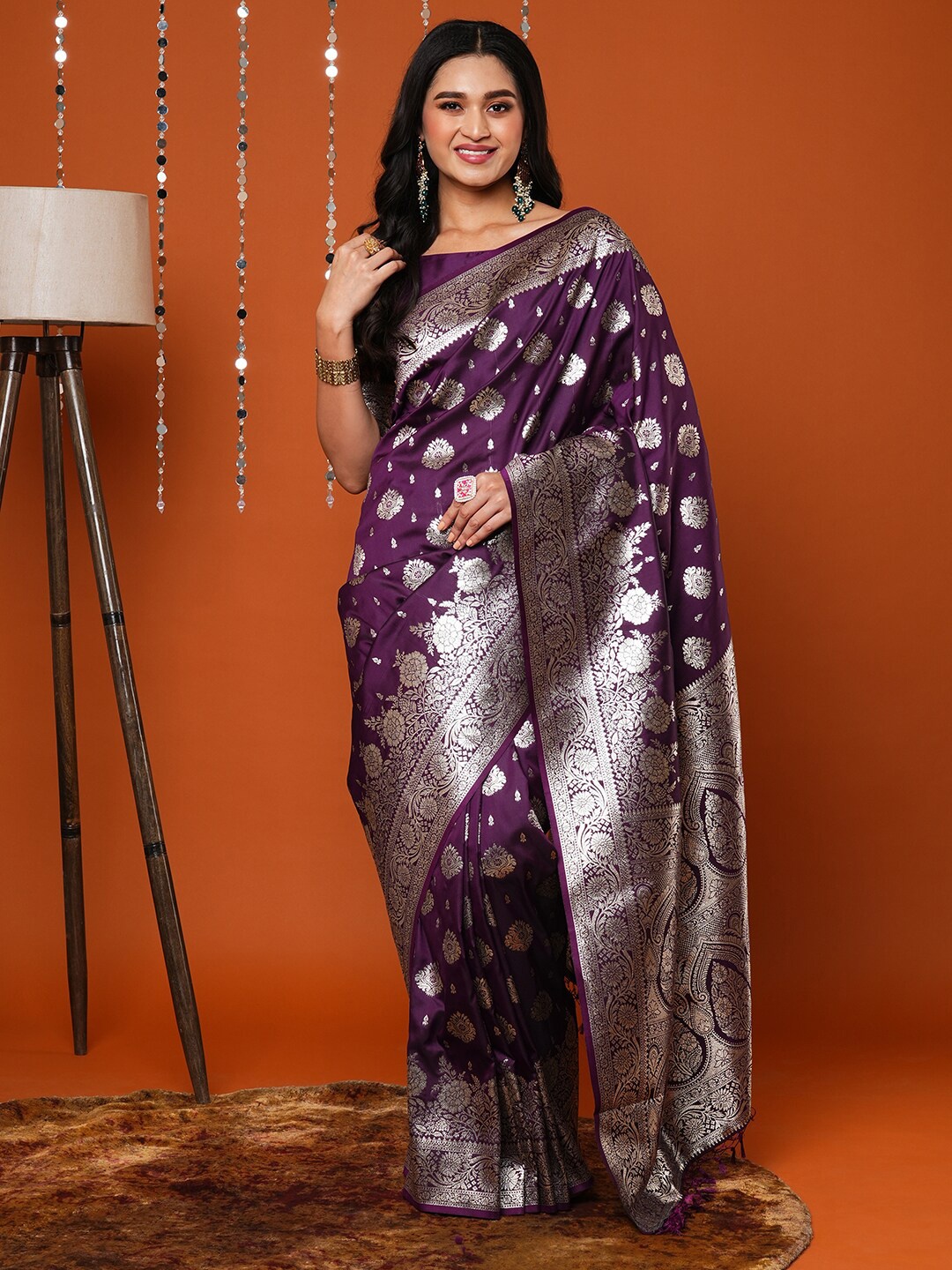 

Anouk Purple Ethnic Motifs Woven Design Zari Banarasi Saree