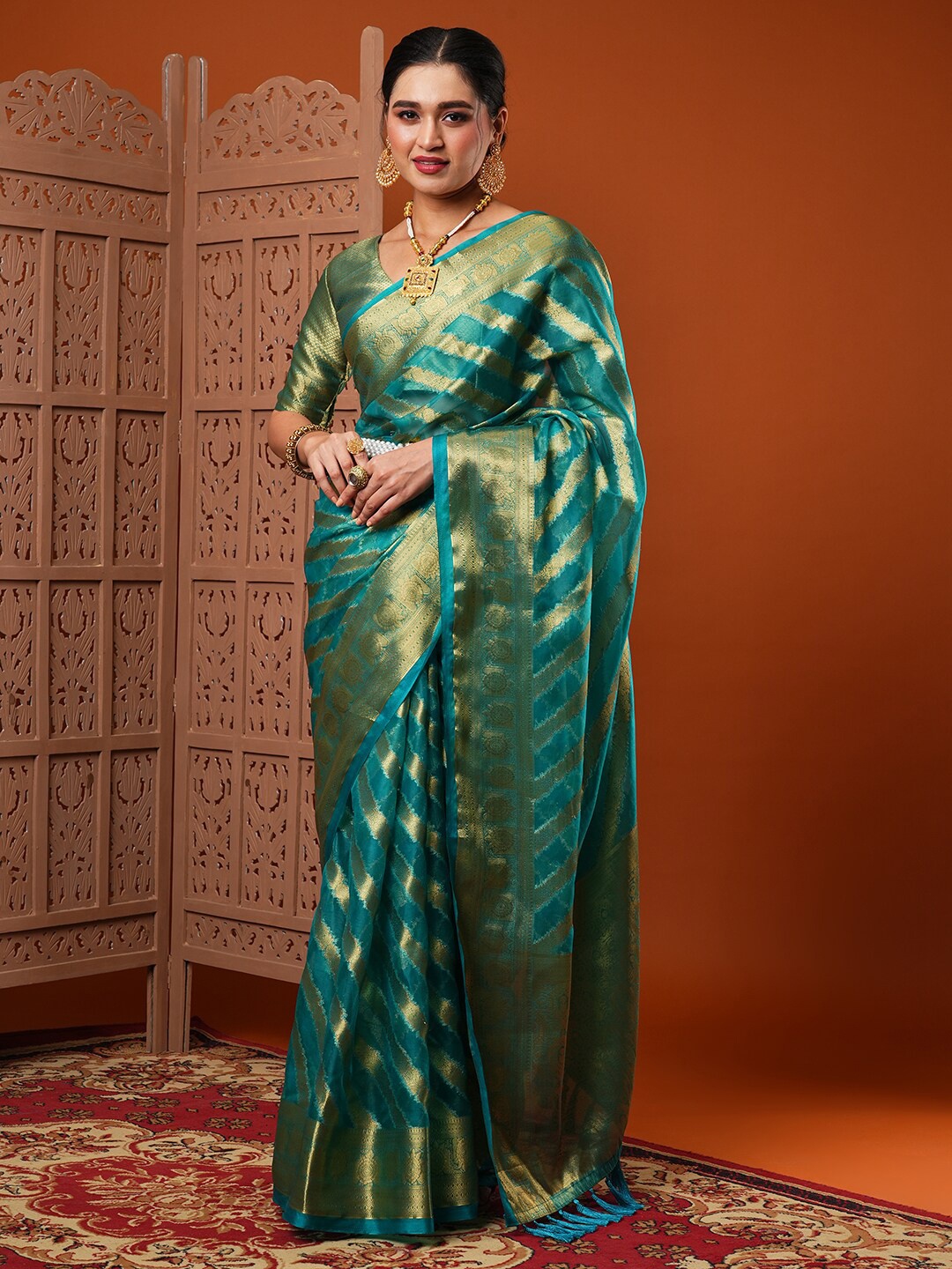 

Anouk Blue Ethnic Motifs Woven Design Zari Organza Banarasi Saree