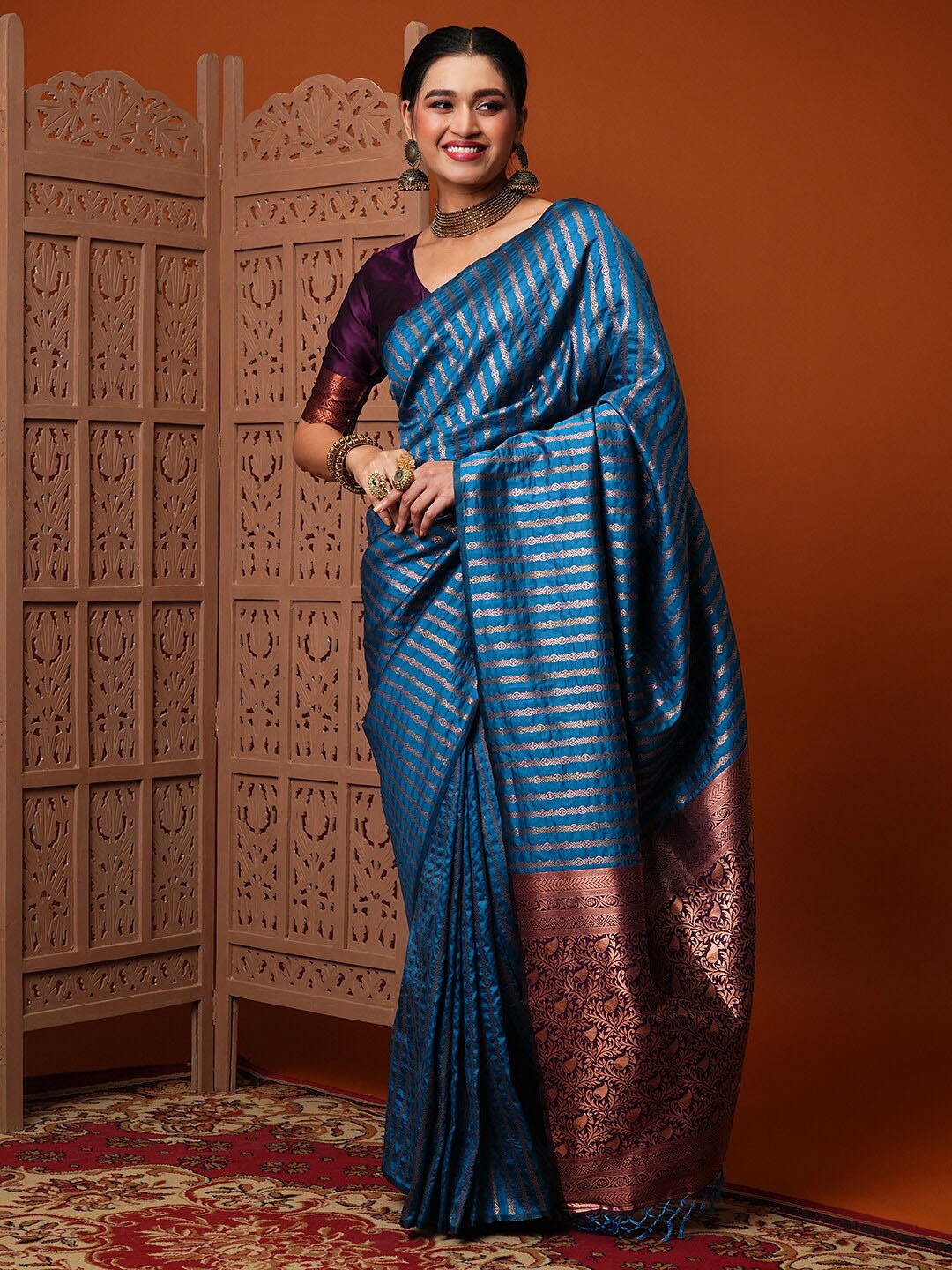 

Anouk Blue Ethnic Motifs Woven Design Zari Banarasi Saree