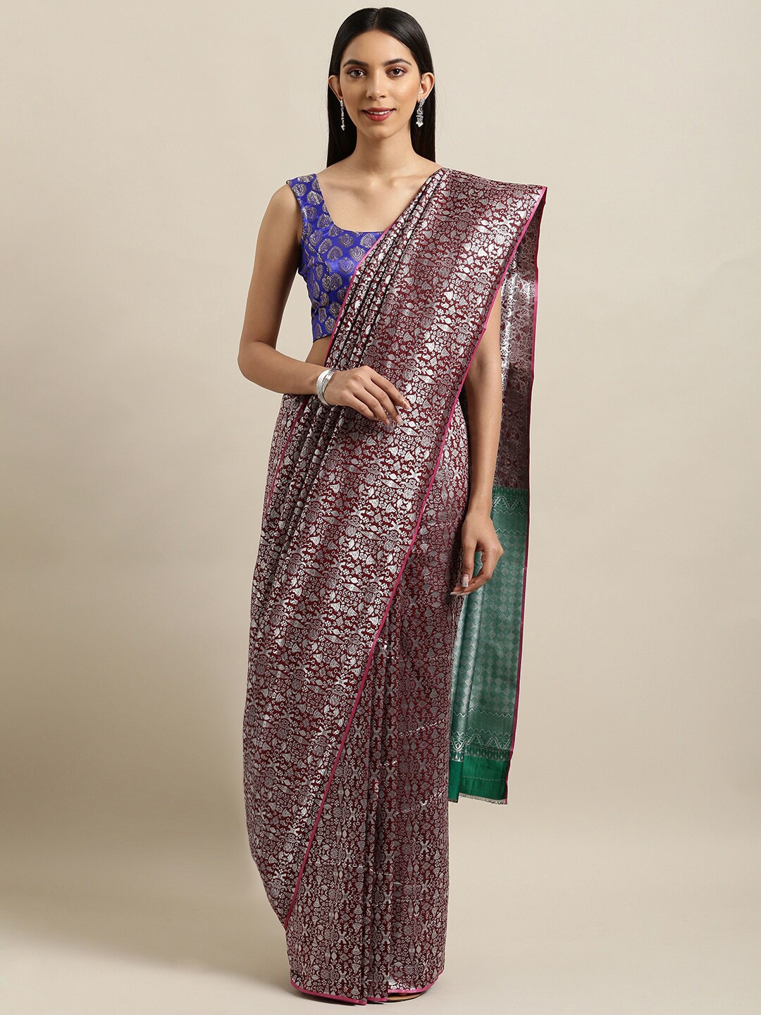 

Sangria Red & Green Ethnic Motifs Woven Design Zari Kanjeevaram Saree