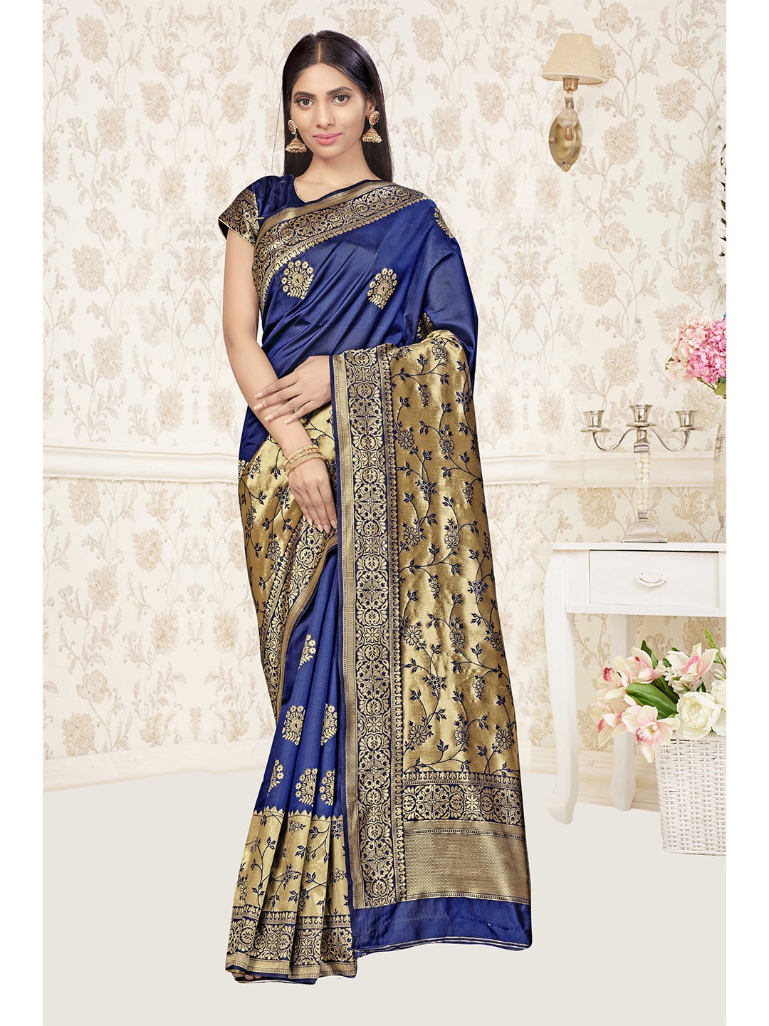 

Sangria Navy Blue Woven Design Zari Silk Blend Fusion Banarasi Saree