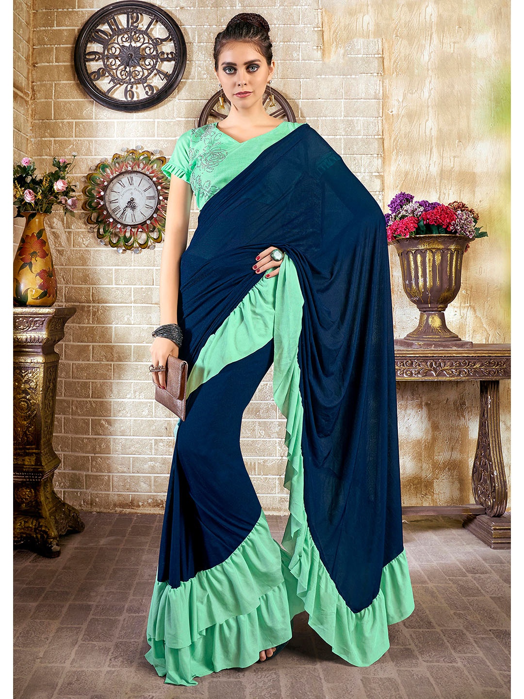 

Sangria Navy Blue Ruffle Ready To Wear Saree