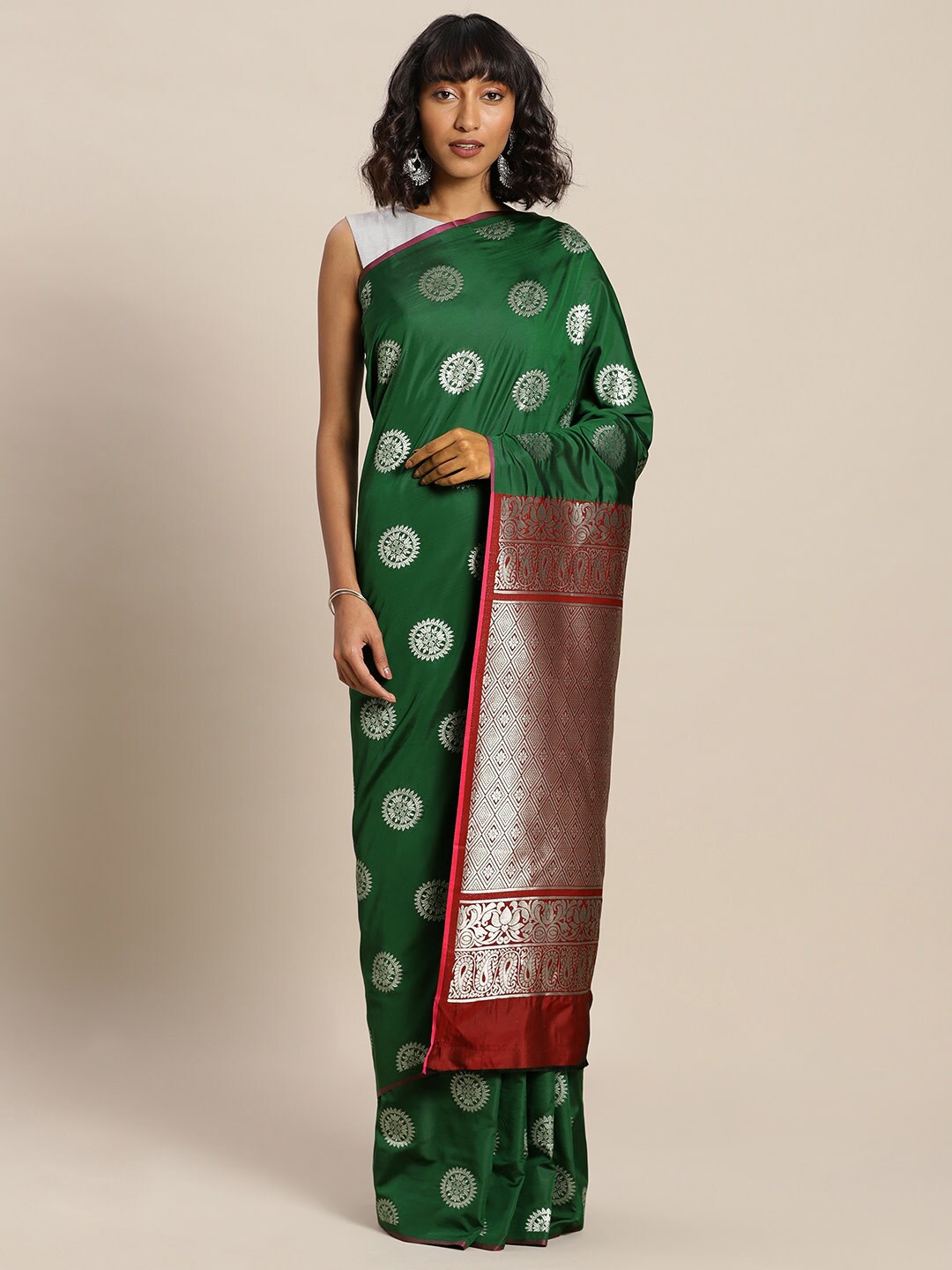 

Sangria Green & Red Ethnic Motifs Woven Design Zari Kanjeevaram Saree