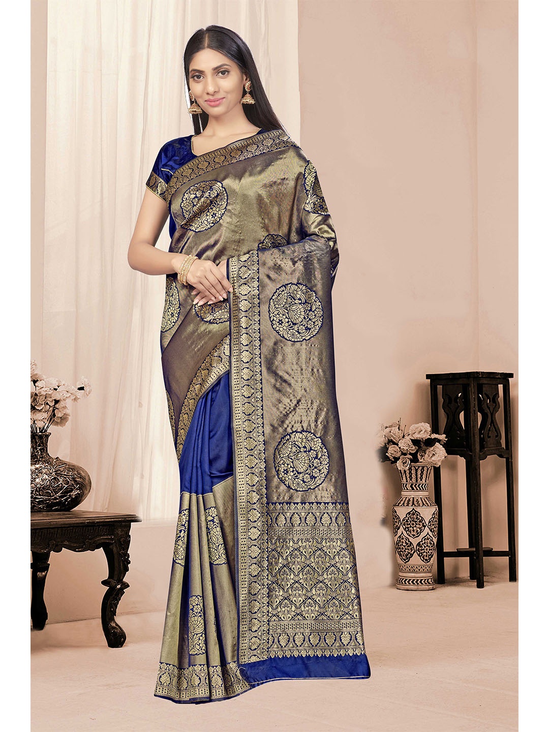 

Sangria Navy Blue Ethnic Motifs Woven Design Zari Silk Blend Banarasi Saree