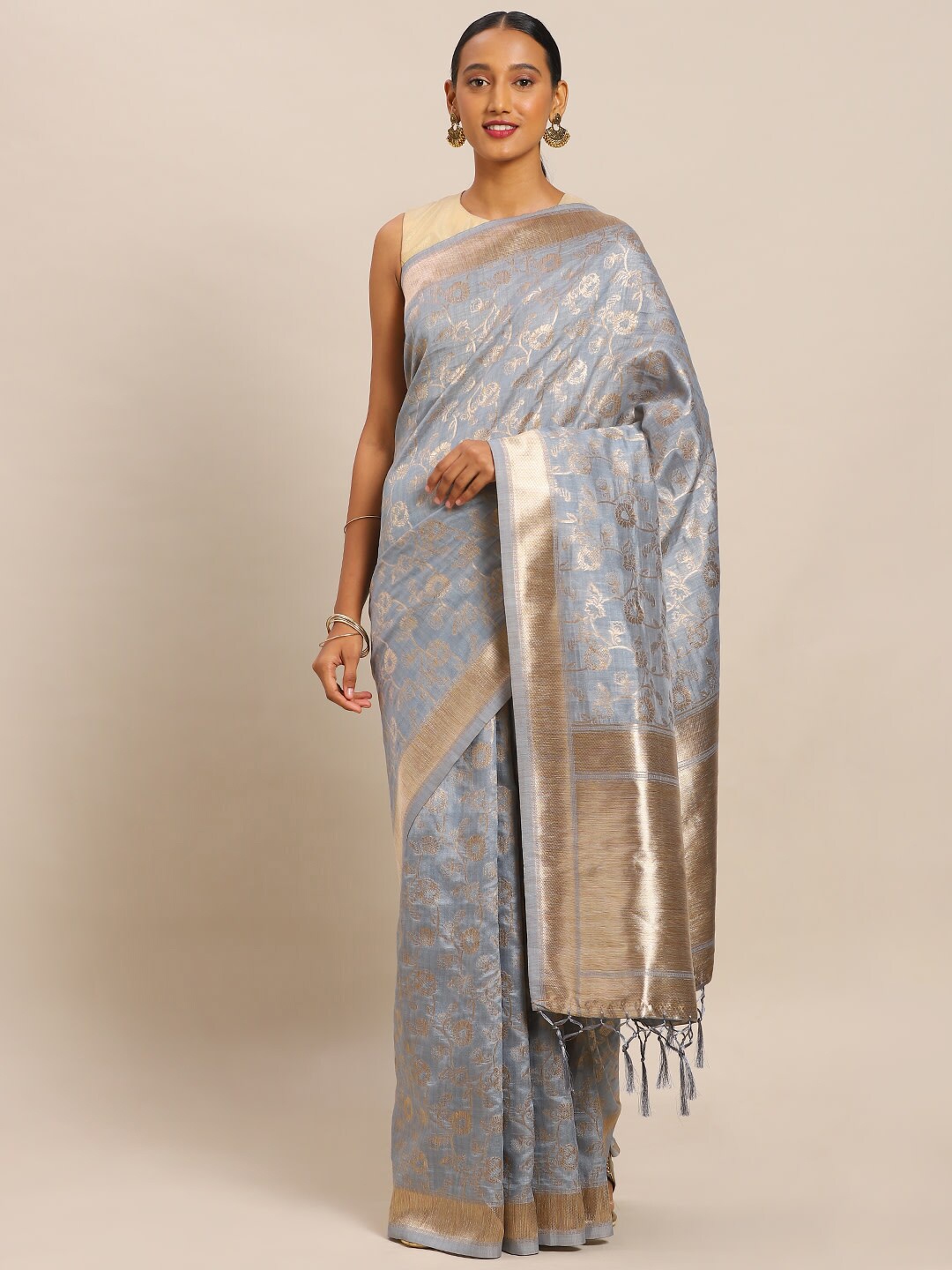 

Sangria Grey Ethnic Motifs Woven Design Zari Banarasi Saree