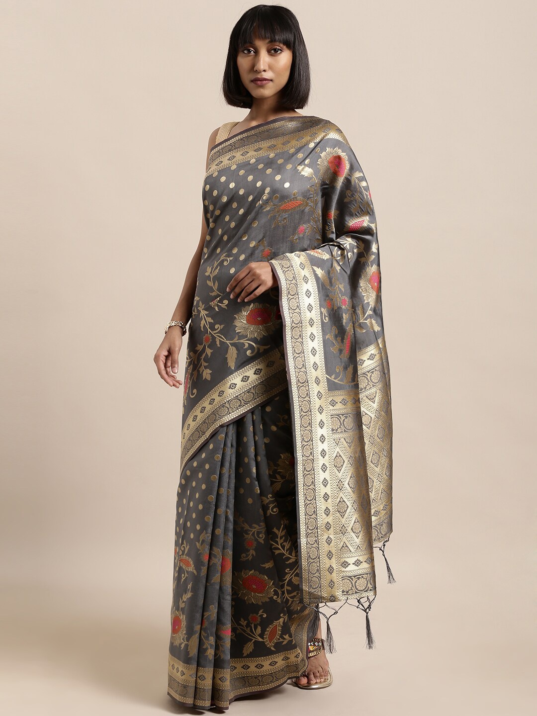 

Sangria Grey & Red Ethnic Motifs Zari Silk Blend Fusion Banarasi Saree