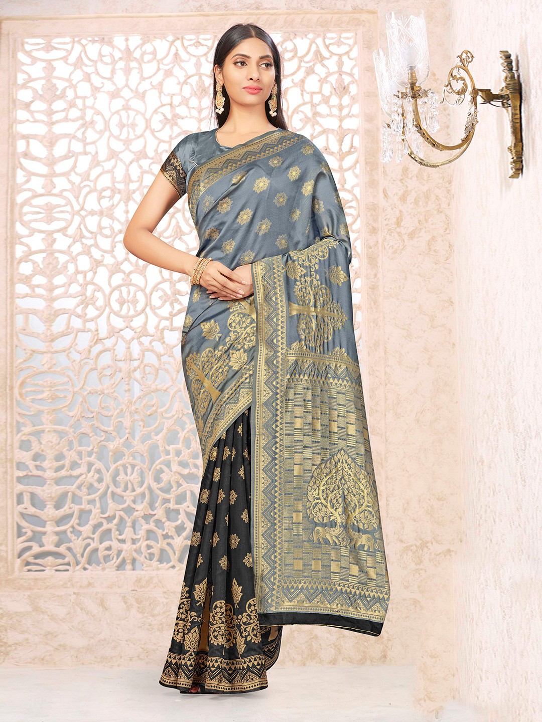 

Sangria Ethnic Motifs Woven Design Banarasi Saree, Grey
