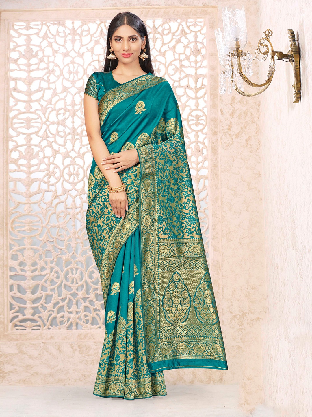 

Sangria Teal Green Ethnic Motifs Woven Design Zari Banarasi Saree