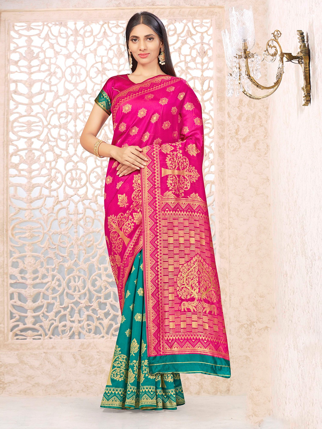 

Sangria Pink & Green Woven Design Embroidered Silk Blend Banarasi Saree