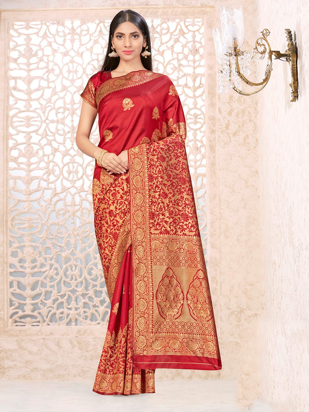 

Sangria Red Ethnic Motifs Woven Design Silk Blend Banarasi Saree