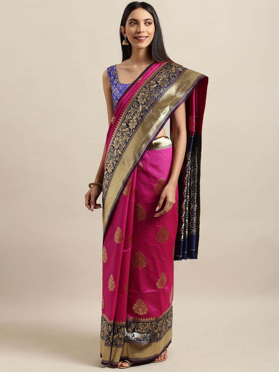 

Sangria Pink Ethnic Motifs Woven Design Zari Banarasi Saree