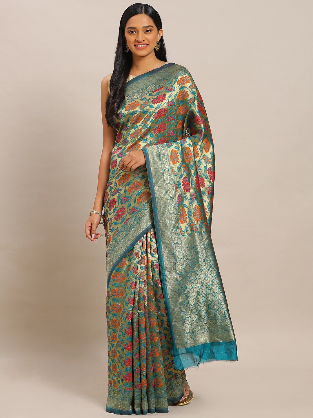 

Sangria Teal Blue Floral Woven Design Zari Kanjeevaram Saree