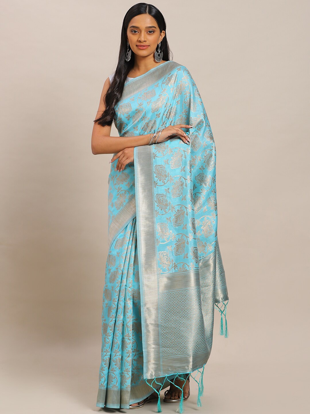 

Sangria Blue Ethnic Motifs Woven Design Zari Silk Blend Saree