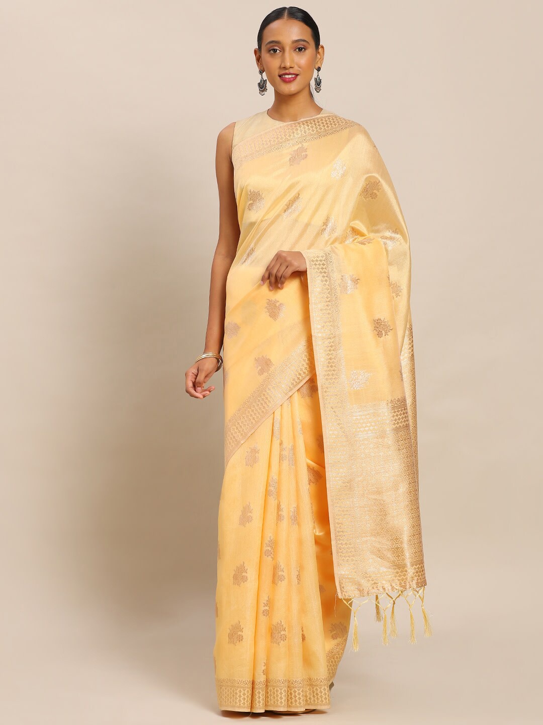 

Sangria Beige Ethnic Motifs Woven Design Zari Banarasi Saree