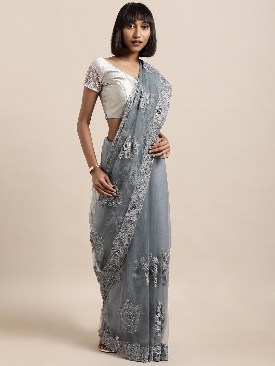 

Sangria Grey Floral Embroderied Beads and Stones Net Saree