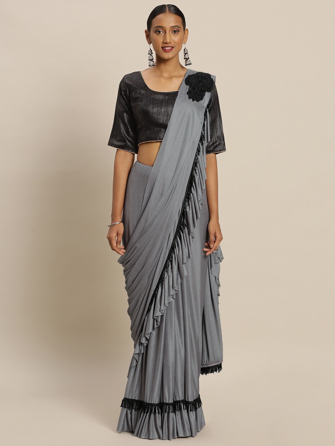 

Sangria Grey Beads and Stones Ruffle Frill Saree