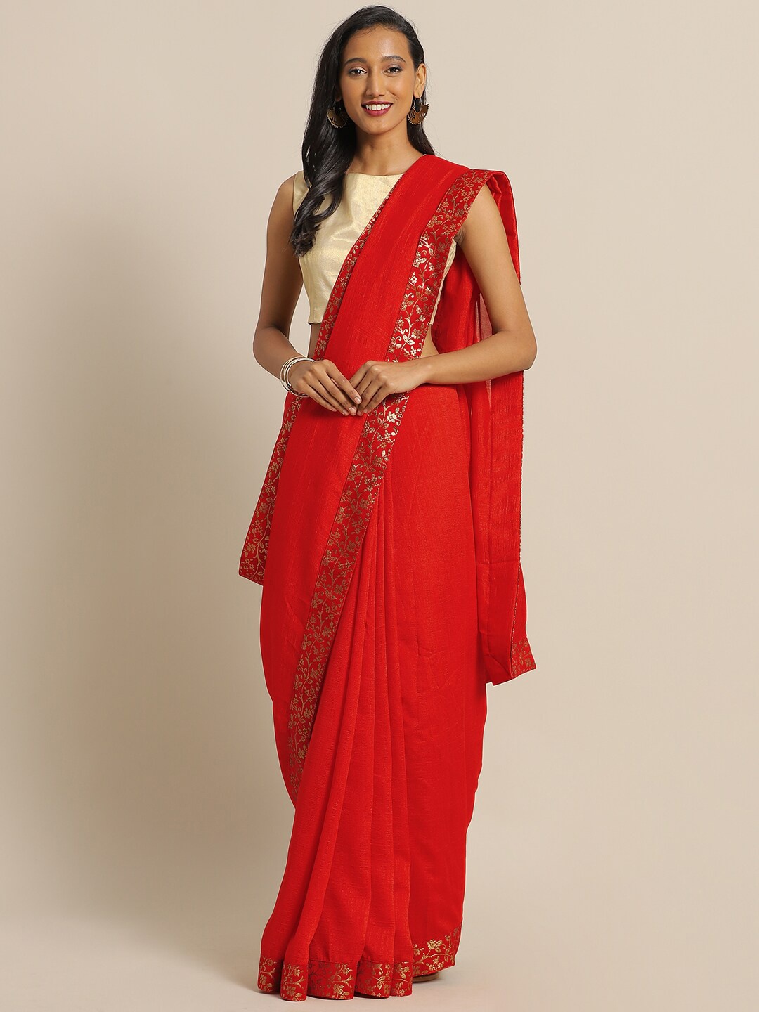 

Sangria Floral Printed Border Silk Blend Saree, Red