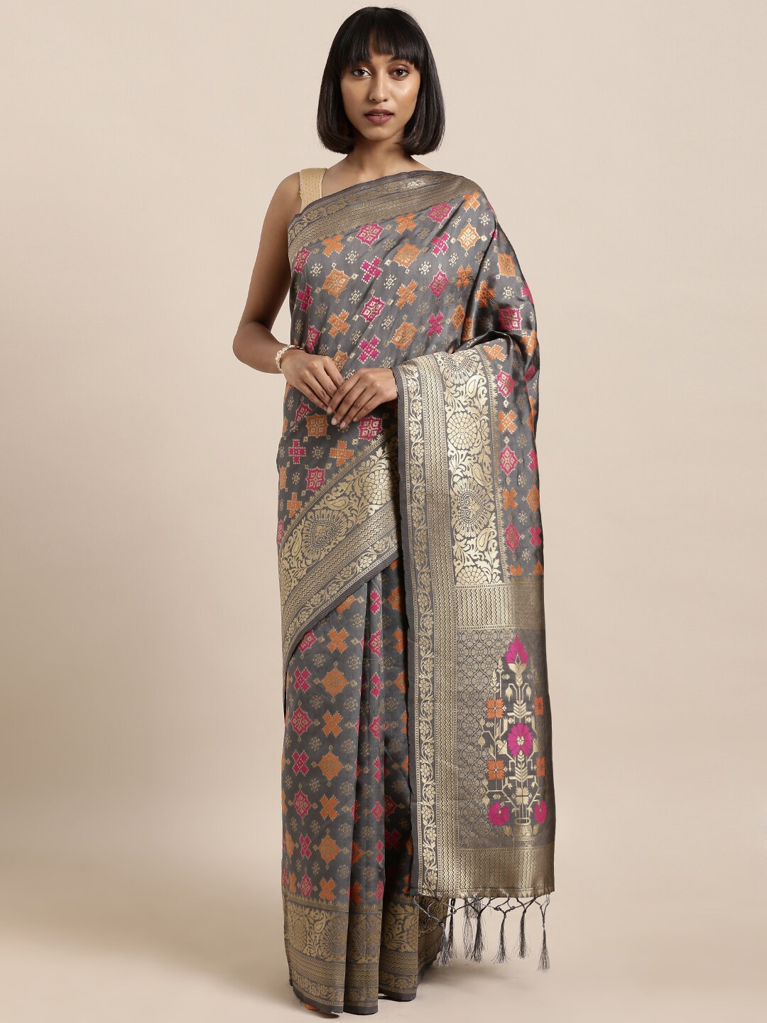 

Sangria Grey Geometric Woven Design Zari Banarasi Saree