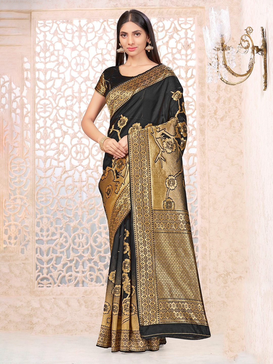 

Sangria Black Floral Woven Design Zari Banarasi Saree