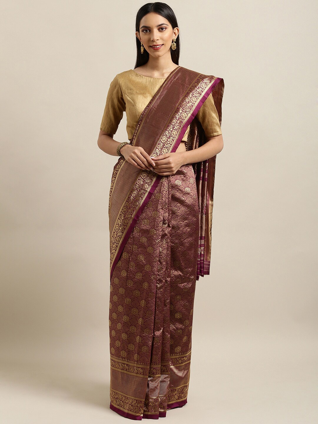 

Sangria Purple Ethnic Motifs Woven Design Zari Silk Blend Fusion Banarasi Saree