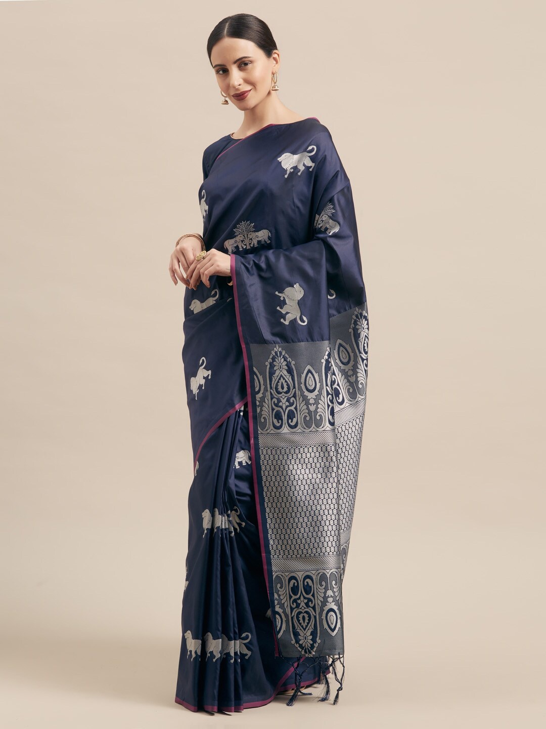 

Sangria Navy Blue Ethnic Motifs Woven Design Zari Kanjeevaram Saree