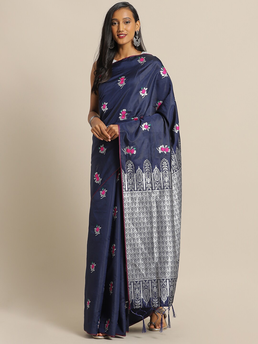 

Sangria Navy Blue Ethnic Motifs Woven Design Zari Kanjeevaram Saree