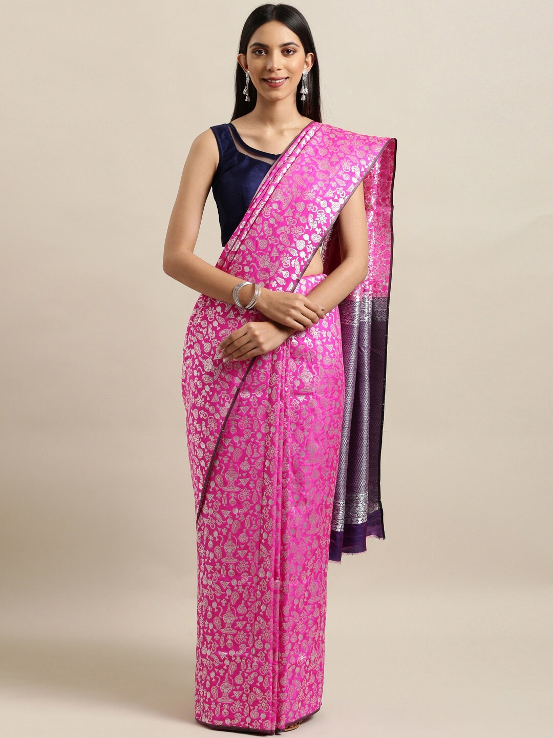

Sangria Pink Floral Embroidered Silk Blend Fusion Kanjeevaram Saree