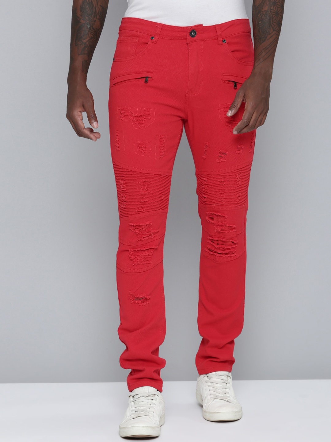 

WAIMEA Men Slim Fit Highly Distressed Stretchable Jeans, Red