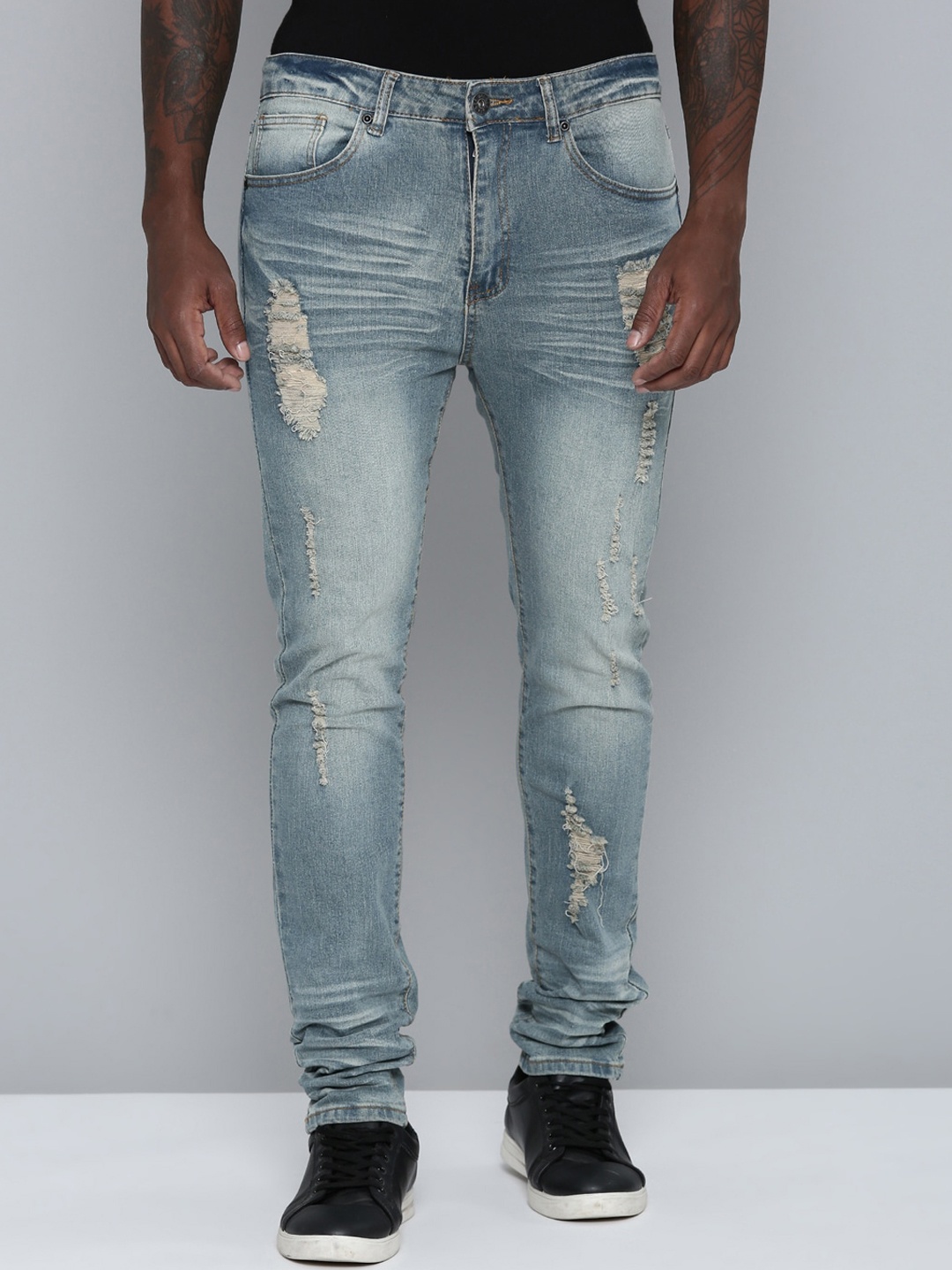 

WAIMEA Men Slim Fit Mildly Distressed Heavy Fade Stretchable Jeans, Blue