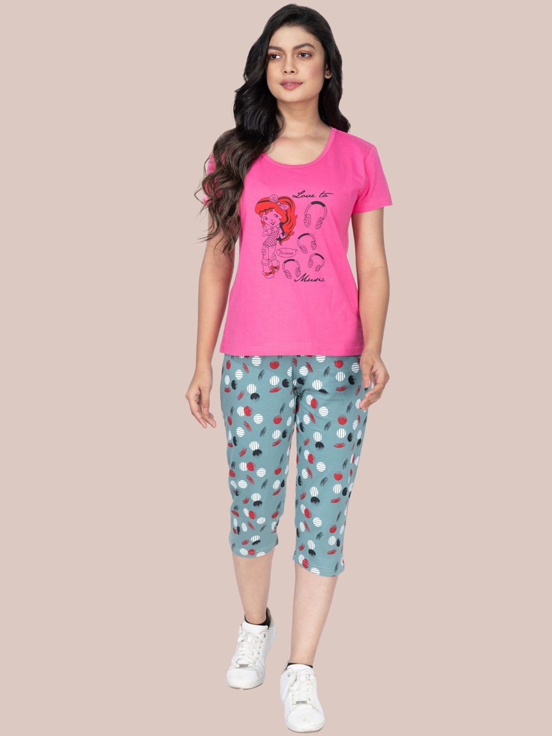 

StyleAOne Printed Pure Cotton T-Shirt With Capris, Grey