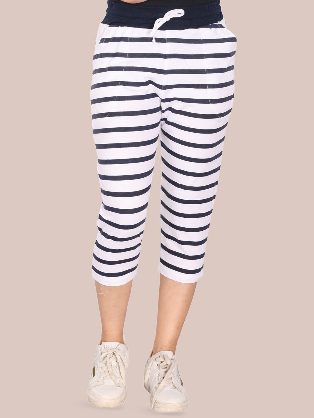

StyleAOne Women Striped Pure Cotton Mid-Rise Capris, White