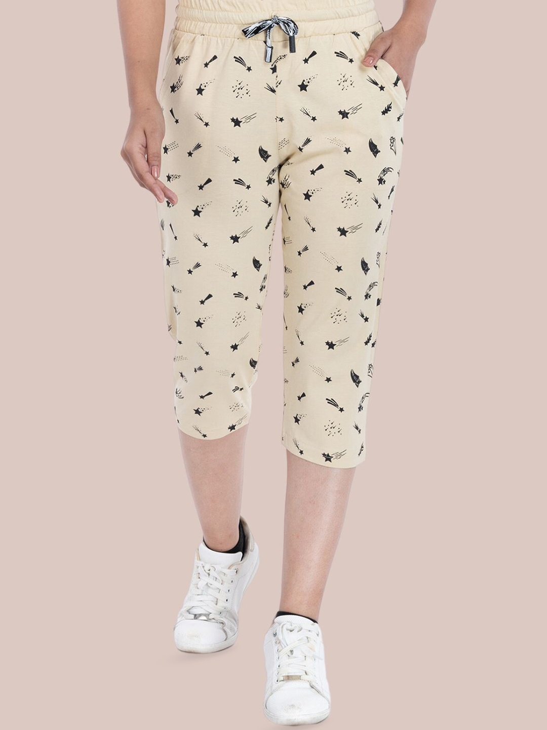 

StyleAOne Women Printed Cotton Capris, Beige