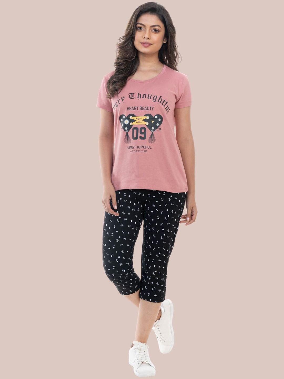 

StyleAOne Printed Cotton T-Shirt With Capris, Black
