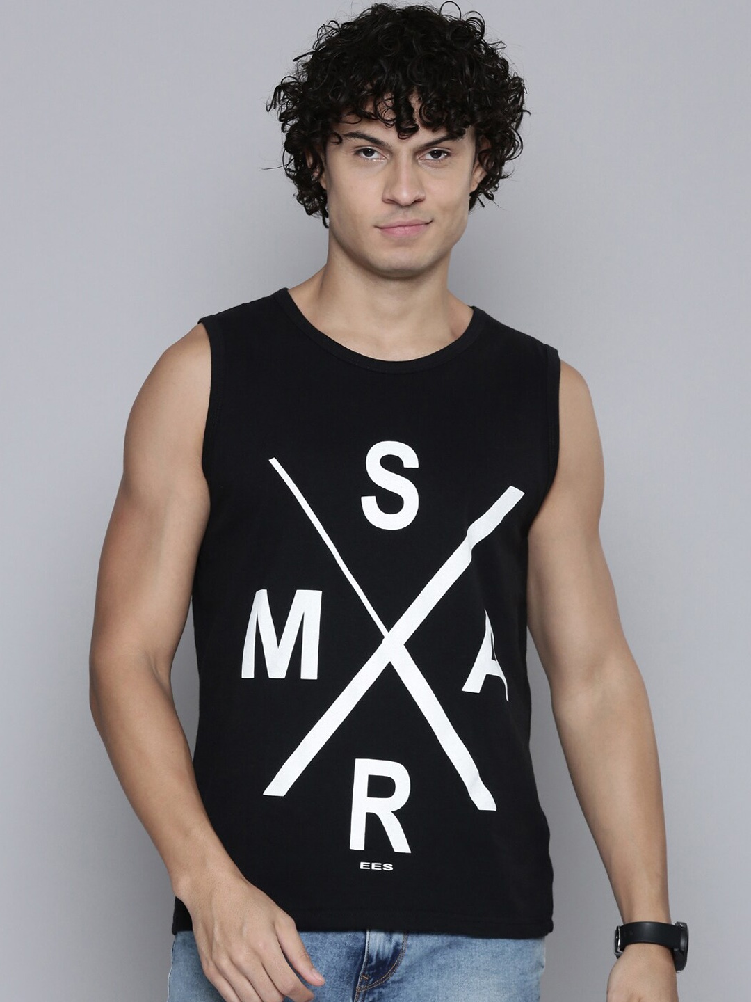 

SMARTEES Graphic Printed Cotton Gym Vest, Black