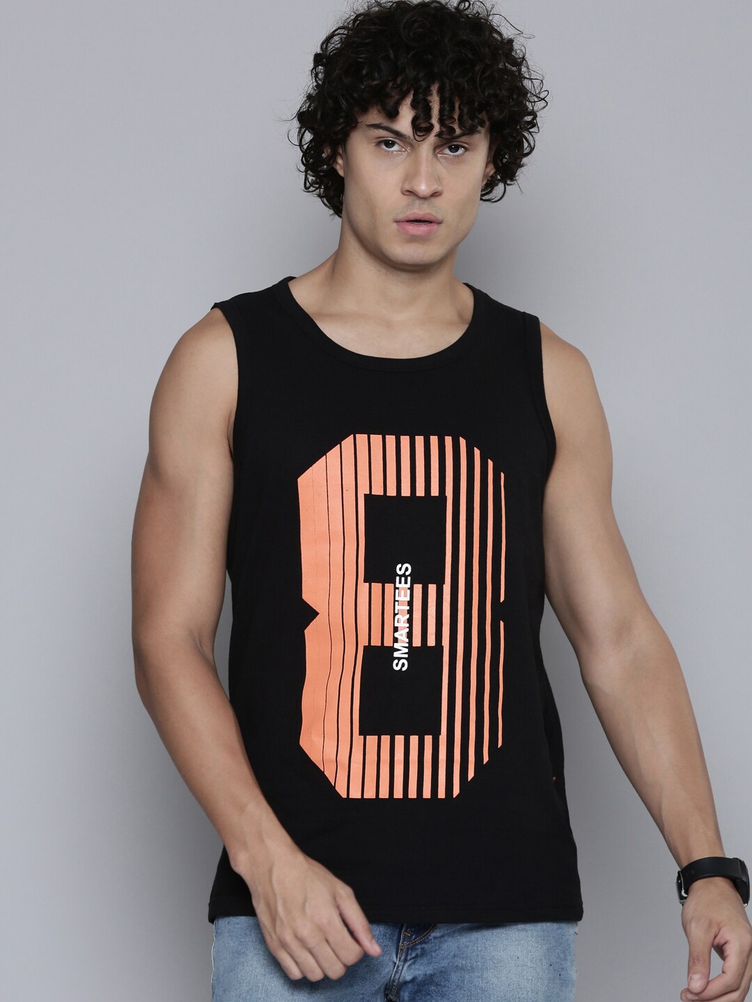 

SMARTEES Graphic Printed Cotton Gym Vest, Black