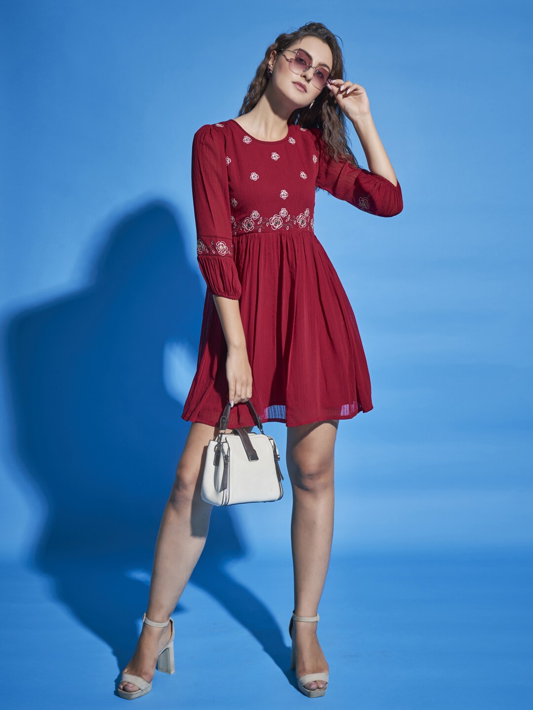 

DressBerry Maroon Embroidered Georgette Mini Fit & Flare Dress