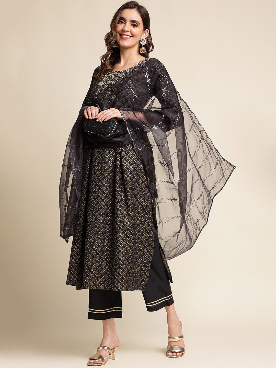 

Ishin Black Embroidered Regular Pure Cotton Kurta with Trousers & Dupatta