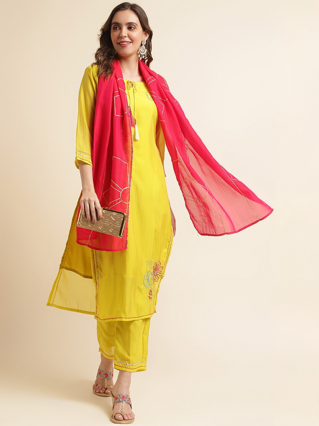 

Ishin Women Yellow & Pink Floral Embroidered Sequinned Kurta With Trousers & Dupatta