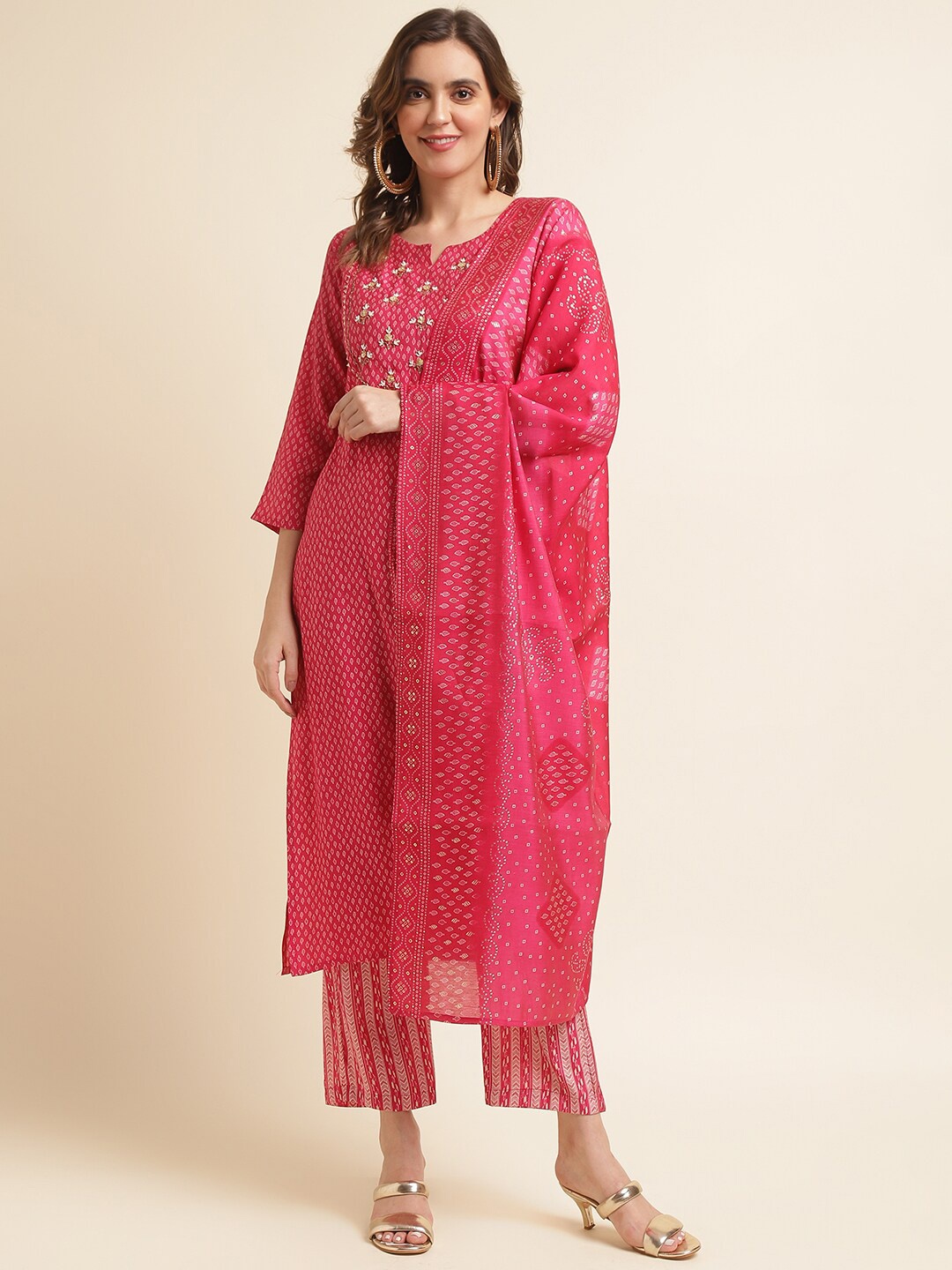 

Ishin Pink Printed Regular Sequinned Kurta with Trousers & Dupatta