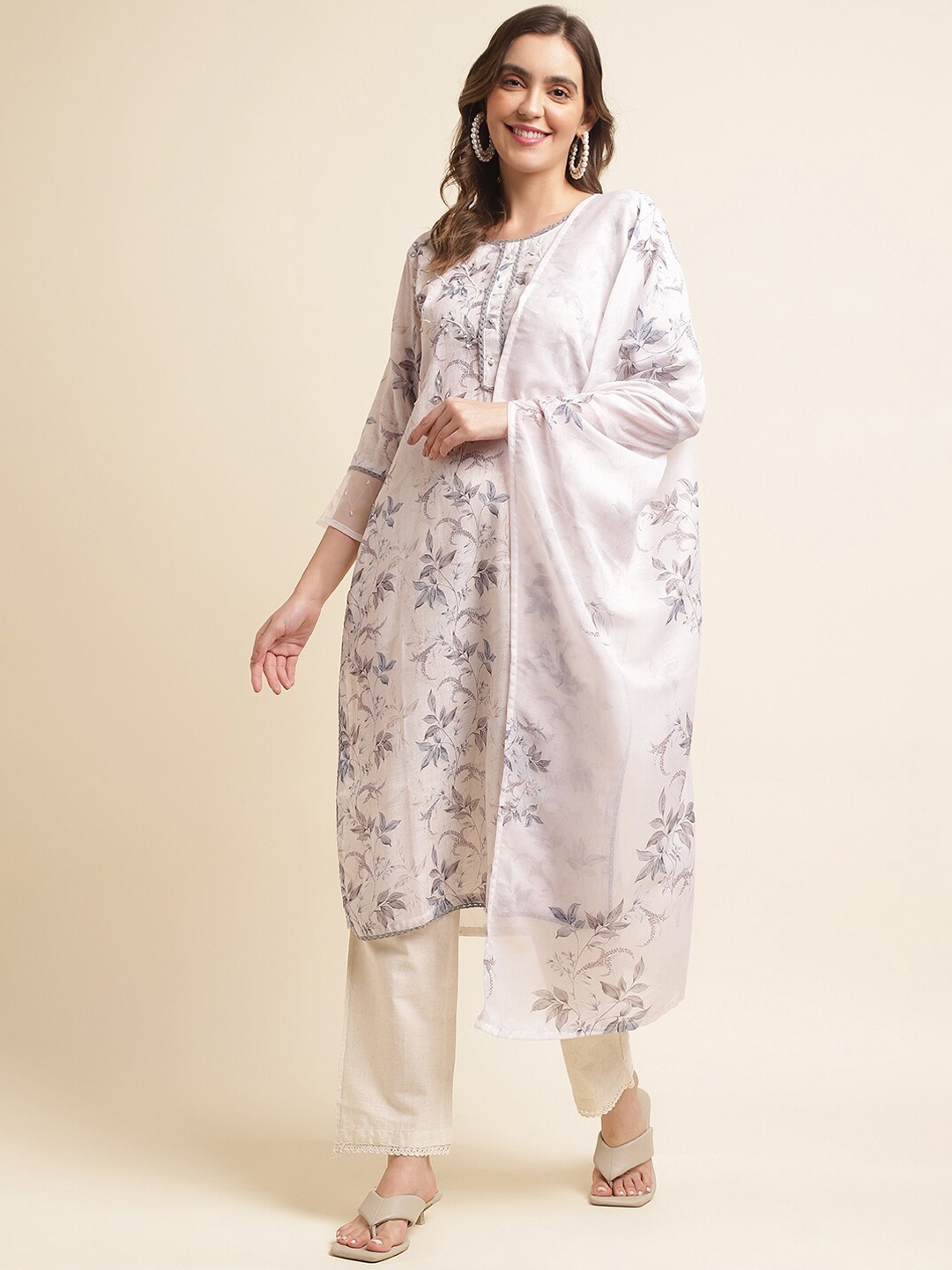 

Ishin White Floral Printed Regular Sequinned Kurta with Trousers & Dupatta