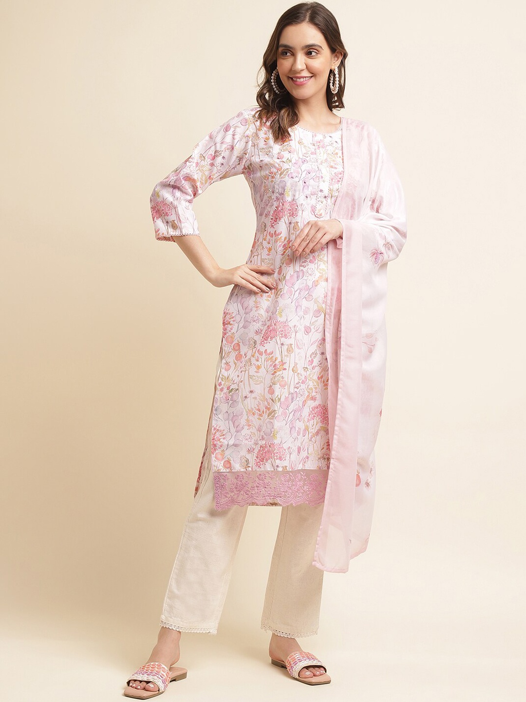 

Ishin Printed Regular Linen Kurta with Trousers & With Dupatta, White