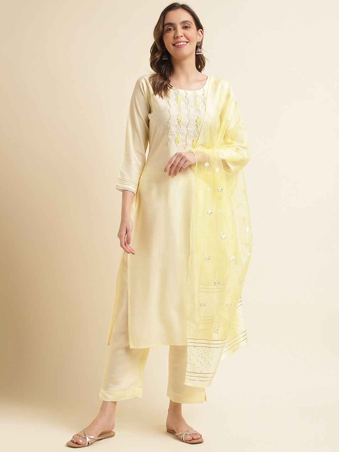 

Ishin Embroidered Regular Beads & Stones Kurta with Trousers & Dupatta, Yellow