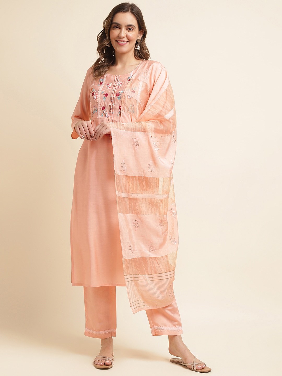 

Ishin Orange Floral Yoke Design Regular Sequinned Kurta with Trousers & Dupatta